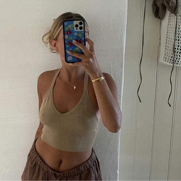 Djerf Avenue Tops - Djerf Avenue rare halter neck tie top toffee